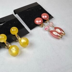 VTG Lucite Clip On Earrings Drop Dangle Hong Kong Japan Yellow Pink *set of 2*